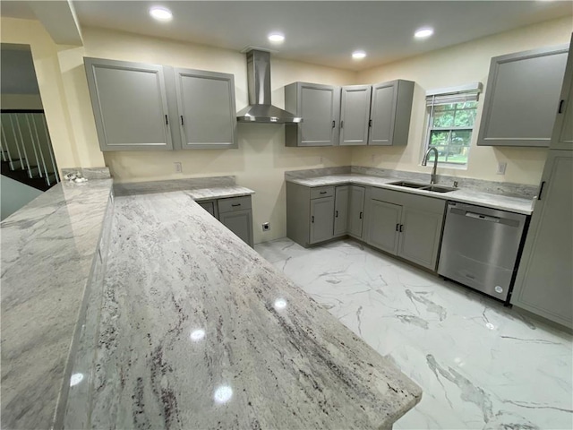 kitchen featuring sink, wall chimney exhaust hood, light stone counters, dishwasher, and gray cabinets