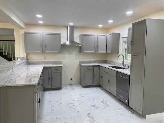 kitchen featuring dishwasher, wall chimney exhaust hood, sink, light tile patterned floors, and gray cabinets