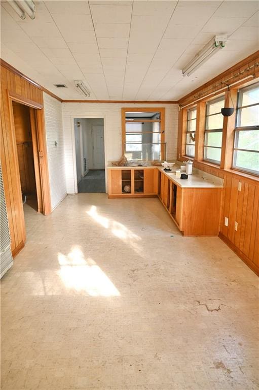 kitchen featuring wood walls