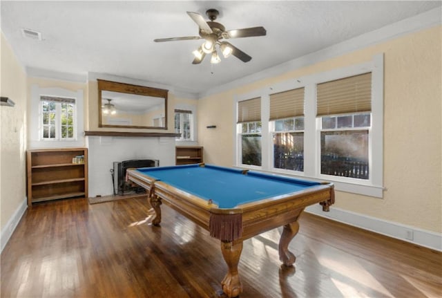 recreation room with hardwood / wood-style floors, ceiling fan, and pool table