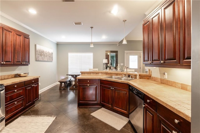 kitchen featuring pendant lighting, kitchen peninsula, sink, ornamental molding, and dishwasher