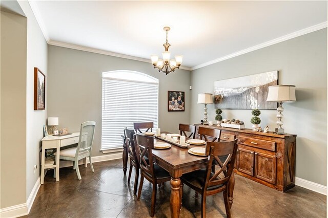 dining area with ornamental molding and an inviting chandelier