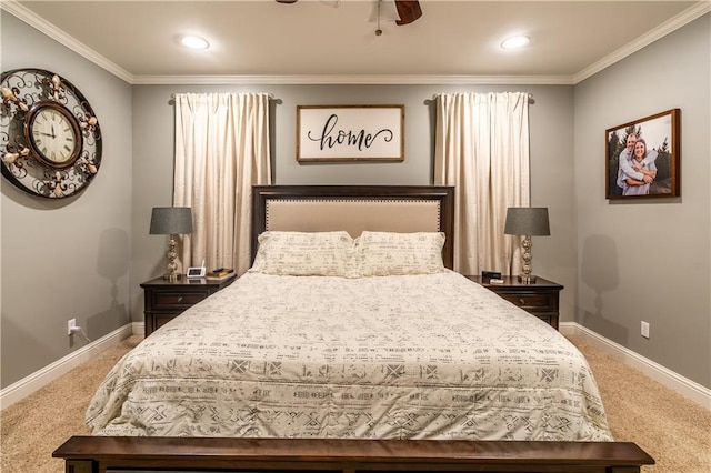 bedroom featuring ceiling fan, crown molding, and carpet