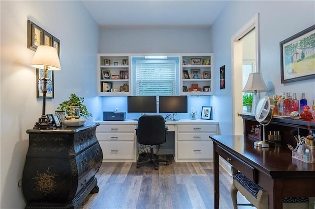 office featuring dark wood-type flooring and built in desk