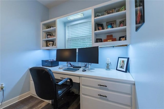 home office featuring built in desk and dark wood-type flooring