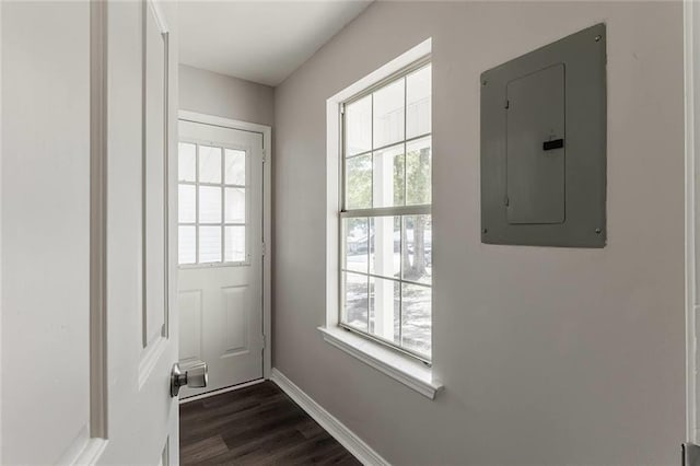 entryway with dark hardwood / wood-style flooring and electric panel