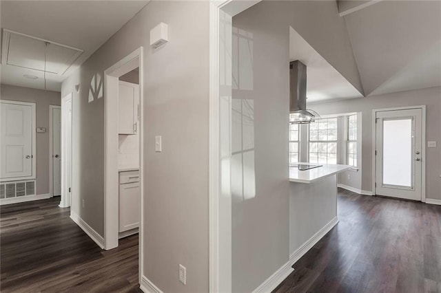 hallway with dark hardwood / wood-style flooring