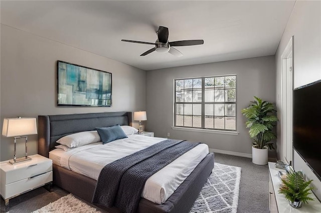 bedroom featuring ceiling fan and dark carpet