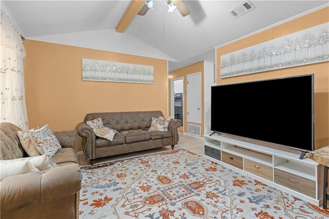 living room featuring lofted ceiling with beams and ceiling fan