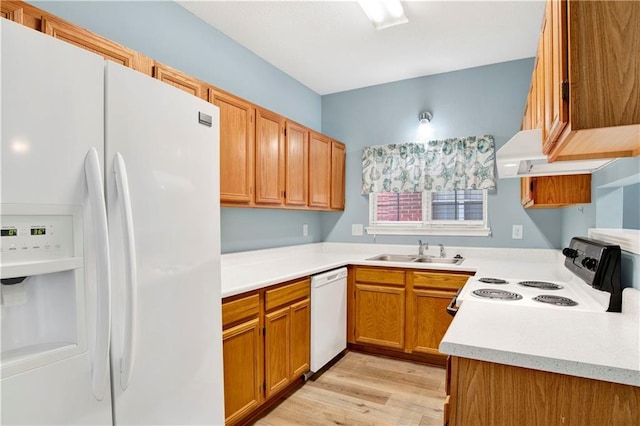 kitchen featuring brown cabinets, a sink, white appliances, light countertops, and light wood-style flooring