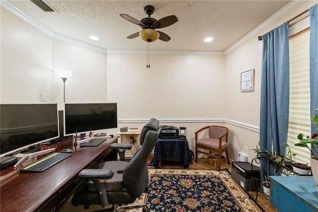 office featuring ceiling fan, a textured ceiling, and ornamental molding