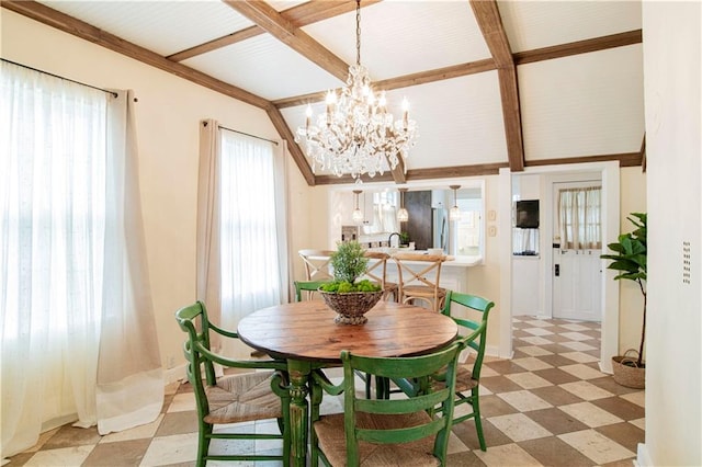 dining space with a notable chandelier, light tile patterned floors, and beamed ceiling