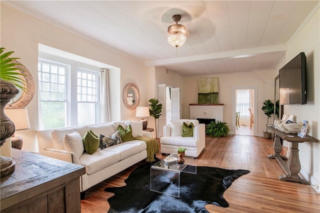 living room featuring hardwood / wood-style flooring, beamed ceiling, a fireplace, and plenty of natural light