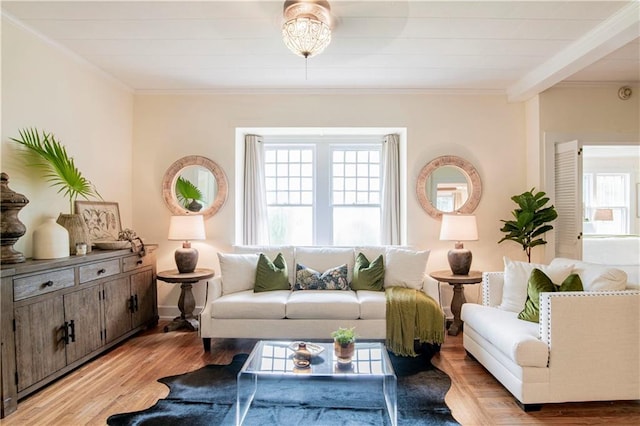 living room featuring light wood-type flooring, a wealth of natural light, and ornamental molding