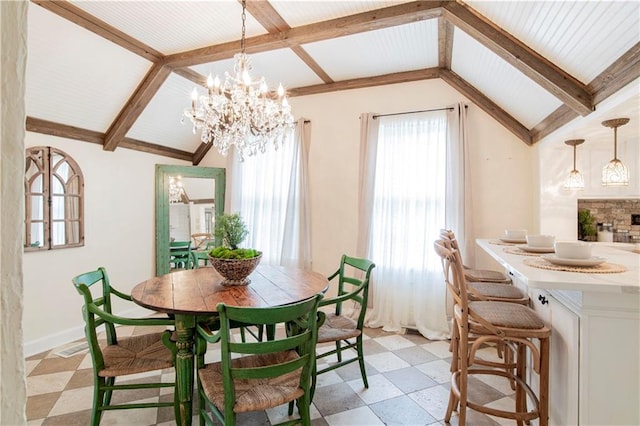 dining area featuring light tile patterned flooring, vaulted ceiling with beams, and a chandelier