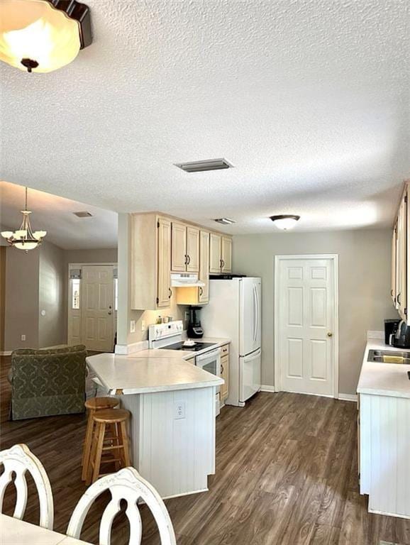 8653 Rosalene St E, Grand Bay, AL 36541 - kitchen featuring light countertops, dark wood-style flooring, a textured ceiling, white appliances, and a peninsula