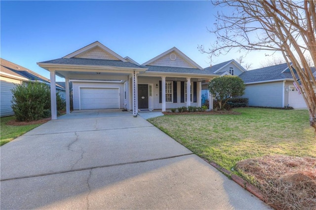 ranch-style home featuring a front yard, a garage, and a porch