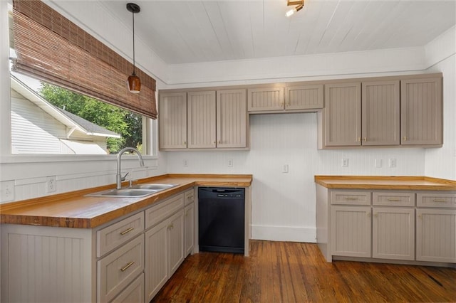 1509 Monroe St, Mobile, AL 36604 - kitchen featuring black dishwasher, wood counters, dark wood-style flooring, and pendant lighting