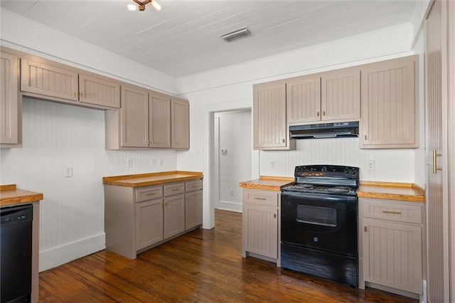 1509 Monroe St, Mobile, AL 36604 - kitchen with black appliances, under cabinet range hood, wood counters, and dark wood-style flooring