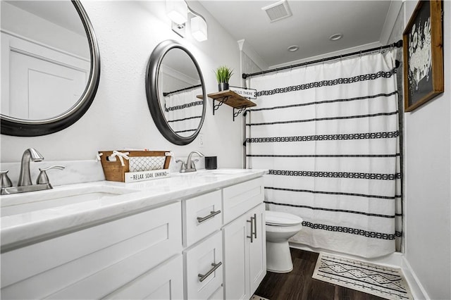 bathroom featuring vanity, a shower with curtain, toilet, and wood-type flooring