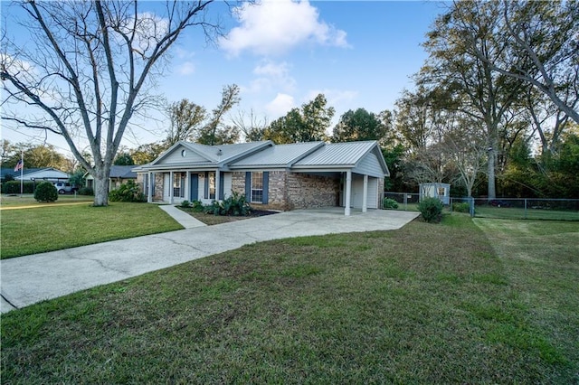 ranch-style home featuring a garage and a front lawn