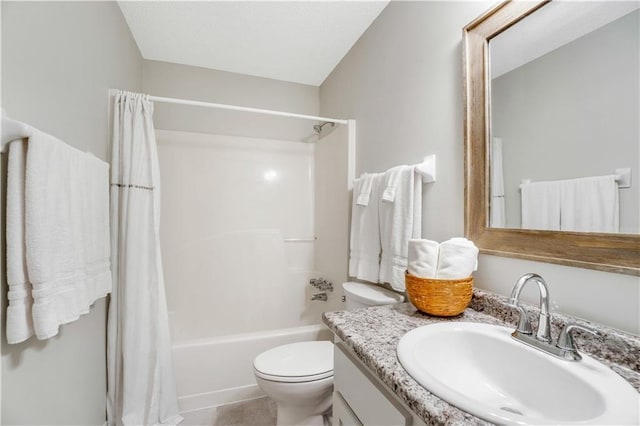 full bathroom with vanity, shower / bathtub combination with curtain, and toilet