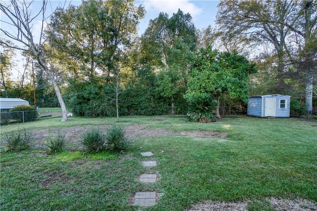 view of yard featuring a storage shed