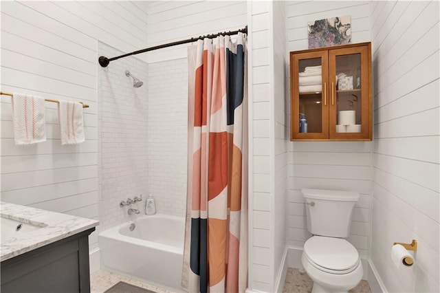303 Monterey St S, Mobile, AL 36604 - bathroom featuring vanity, shower / tub combo with curtain, toilet, and wood walls