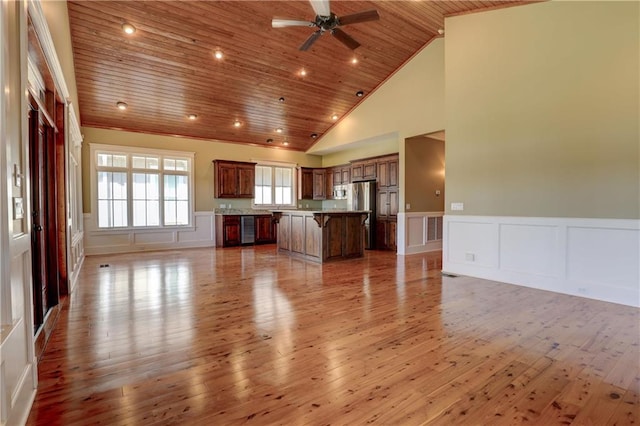 unfurnished living room featuring ceiling fan, light wood-type flooring, wood ceiling, and high vaulted ceiling