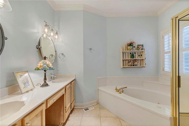 bathroom featuring tile patterned flooring, crown molding, a washtub, and vanity