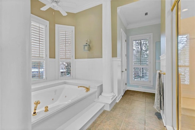 bathroom with tile patterned flooring, ornamental molding, a bath, and ceiling fan