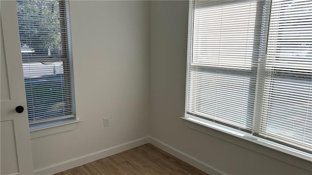 empty room featuring wood finished floors, a healthy amount of sunlight, and baseboards