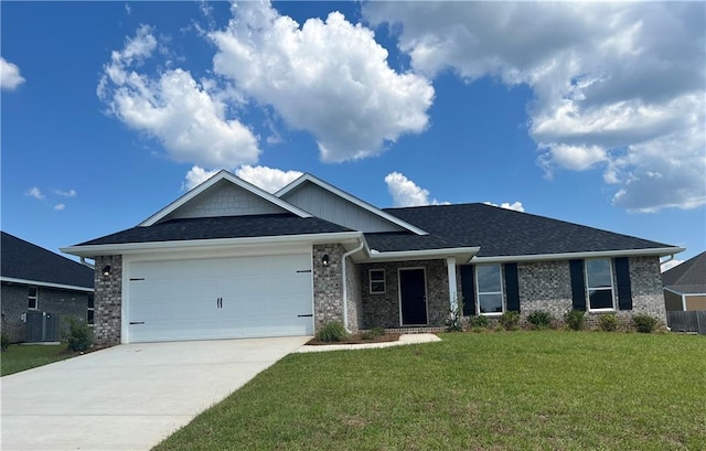 single story home featuring a garage, central AC, brick siding, driveway, and a front lawn