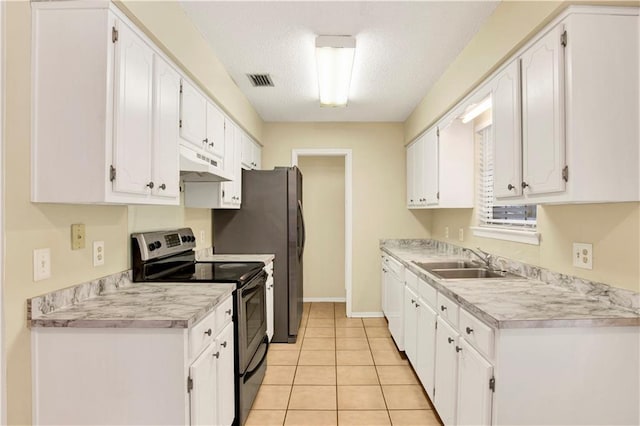 kitchen featuring under cabinet range hood, a sink, white cabinetry, electric stove, and light countertops