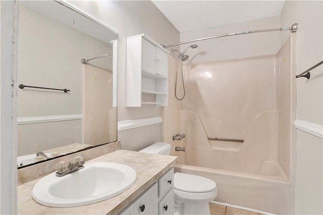 full bathroom featuring a textured ceiling, toilet, shower / bath combination, vanity, and tile patterned floors