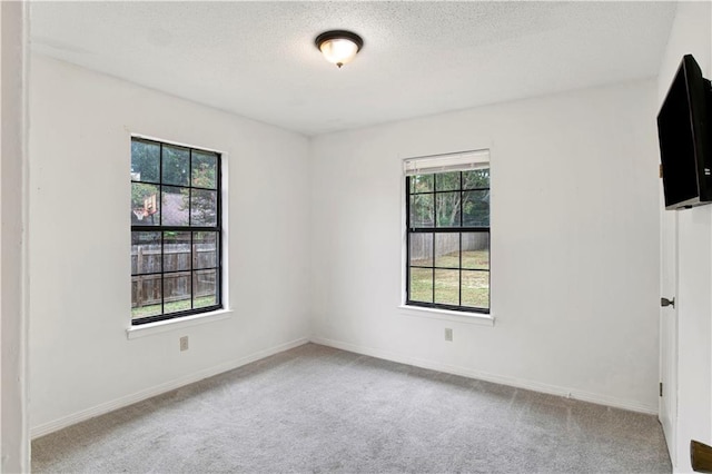 spare room featuring a textured ceiling, carpet floors, and baseboards