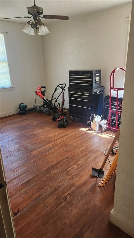 exercise area featuring ceiling fan and dark hardwood / wood-style floors