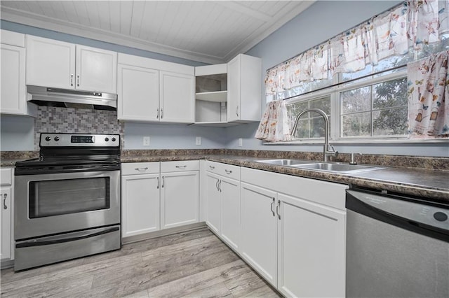 kitchen with appliances with stainless steel finishes, dark countertops, and under cabinet range hood