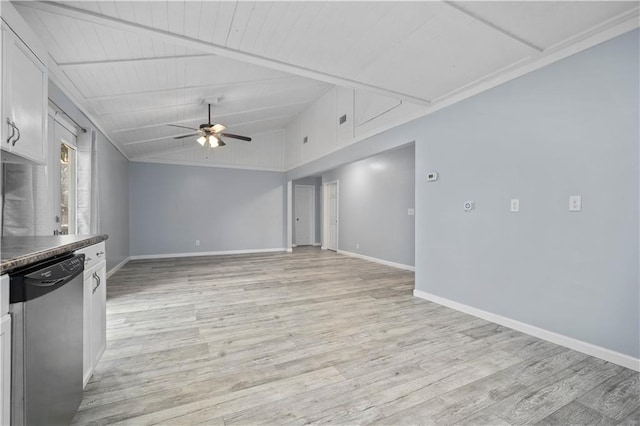 unfurnished living room with a ceiling fan, lofted ceiling, light wood-style flooring, and baseboards