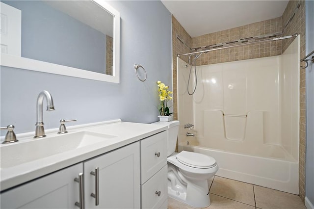 full bath featuring shower / washtub combination, vanity, toilet, and tile patterned floors