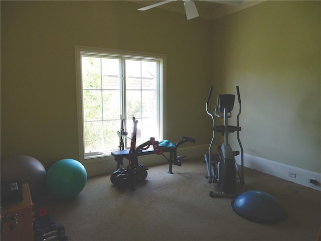 workout area featuring a healthy amount of sunlight and ceiling fan