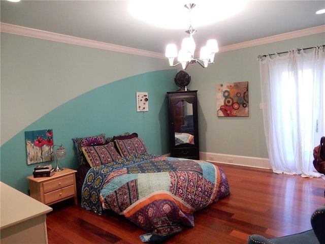 bedroom with crown molding, dark wood-type flooring, and an inviting chandelier