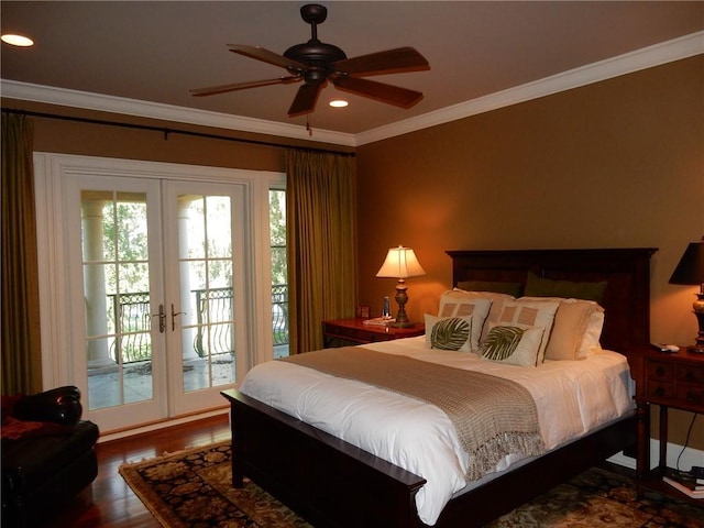 bedroom featuring dark wood-type flooring, ceiling fan, access to outside, french doors, and ornamental molding