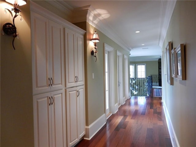 corridor with dark hardwood / wood-style floors and ornamental molding