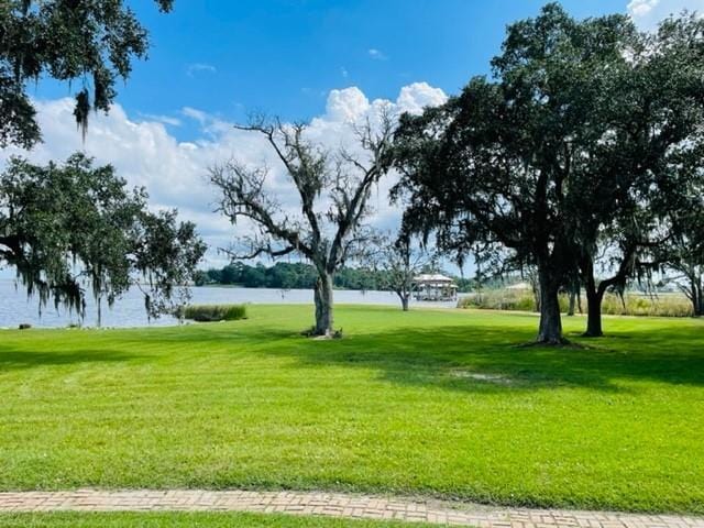 view of home's community with a water view and a yard