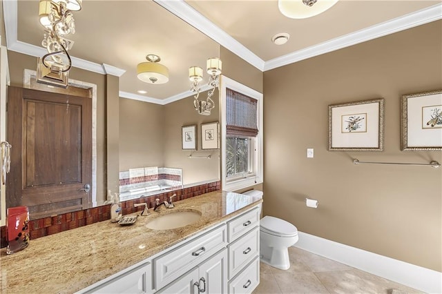 bathroom featuring crown molding, tile floors, toilet, and vanity