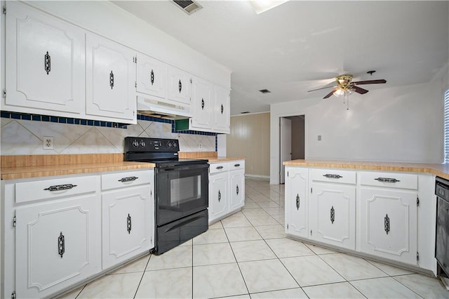 kitchen featuring backsplash, white cabinetry, ceiling fan, and black appliances