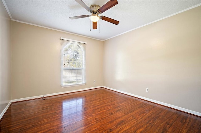 unfurnished room with ceiling fan, crown molding, a textured ceiling, and hardwood / wood-style flooring