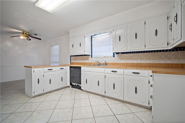 kitchen with decorative backsplash, kitchen peninsula, white cabinets, ceiling fan, and dishwasher