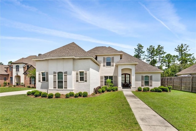 view of front of house featuring french doors and a front lawn